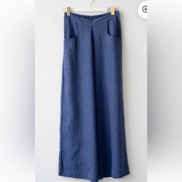 Lazybones Ollie French Linen Indigo Blue Extra Wide Leg Pants. Front Pockets. - Picture 1 of 16
